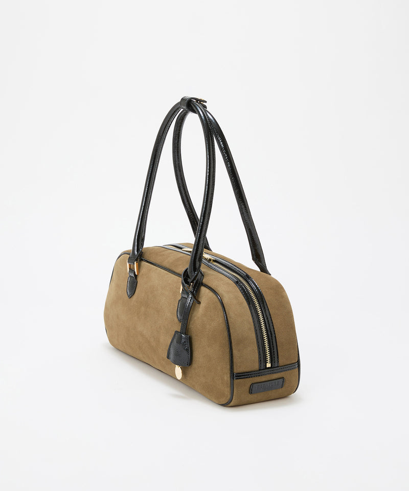 スエード エナメルコンビ ワイド ボストンバッグ チャーム付き