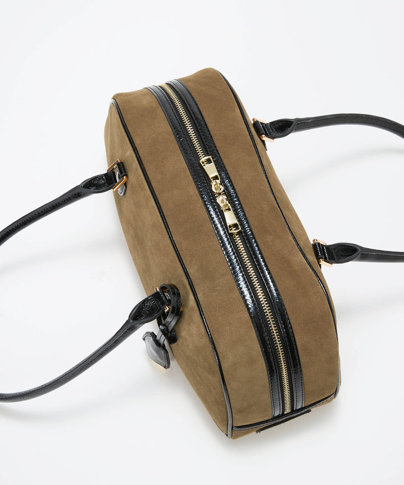 スエード エナメルコンビ ワイド ボストンバッグ チャーム付き