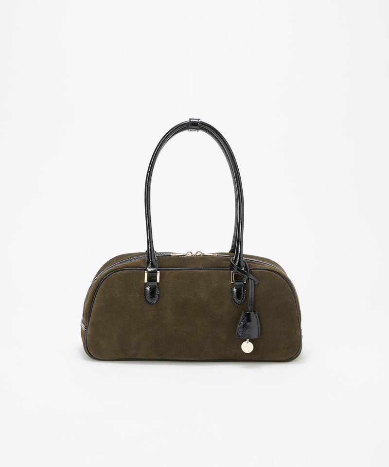 スエード エナメルコンビ ワイド ボストンバッグ チャーム付き